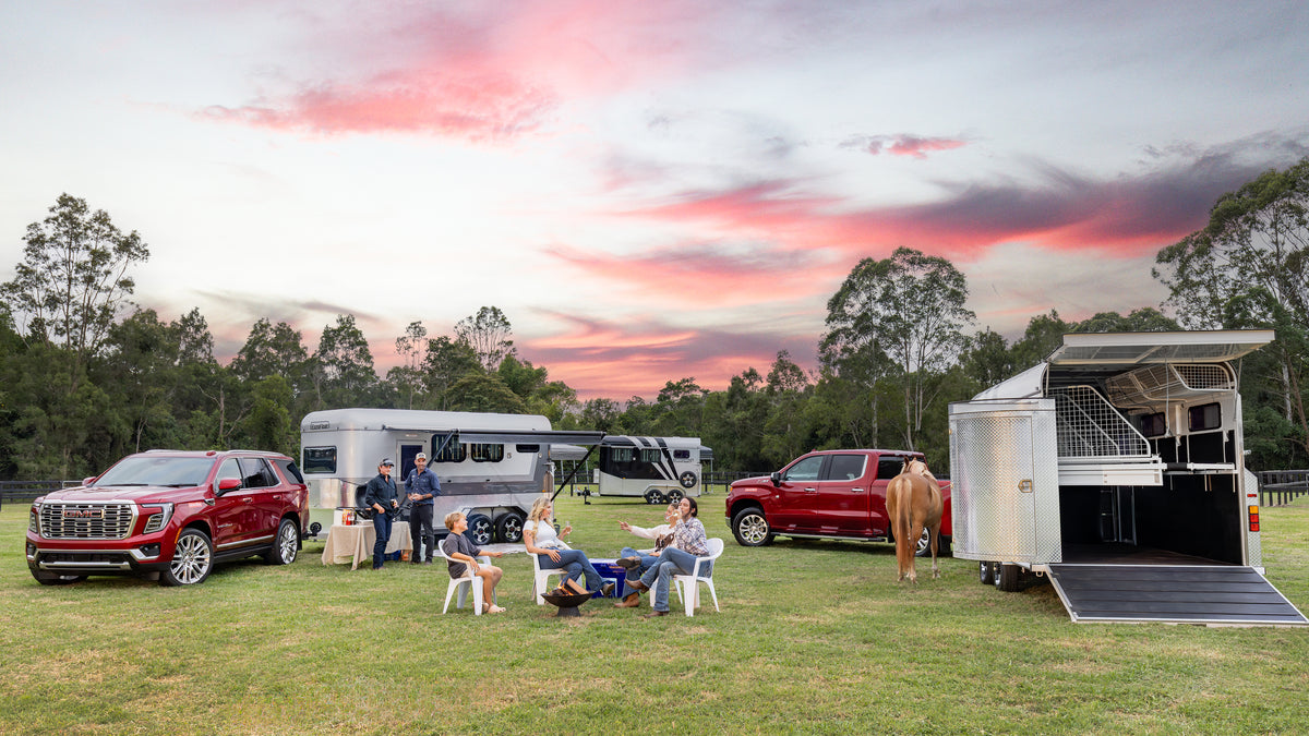 EuroFloat horse floats set up at a country event at sunset